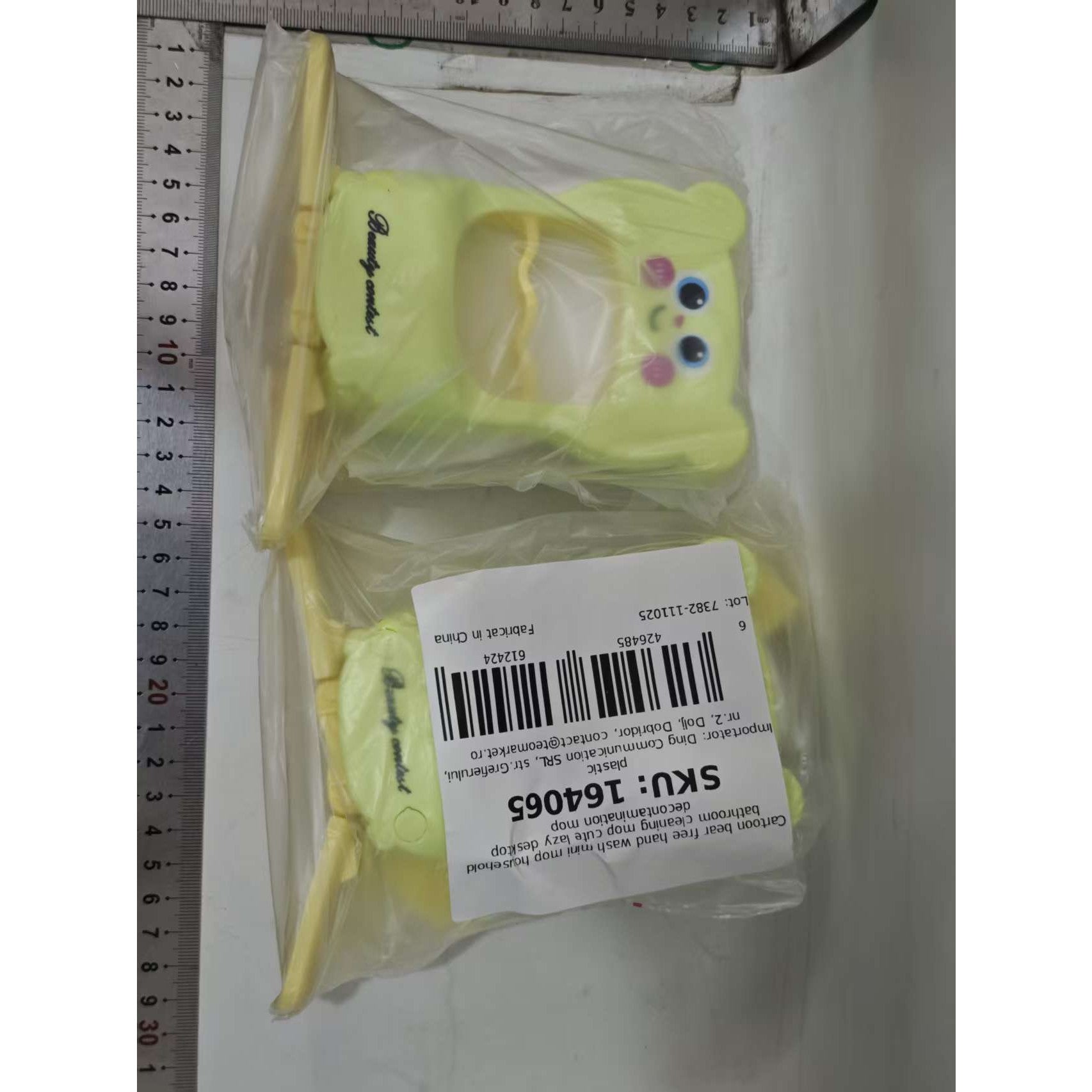 Mini Mop de Mână Pliabil, Stoarcere Automată Self-Wringing pentru Birou și Bucătărie, Model Ursuleț, Plastic și Burete Absorbant, 9 x 15 x 15 cm, Verde
