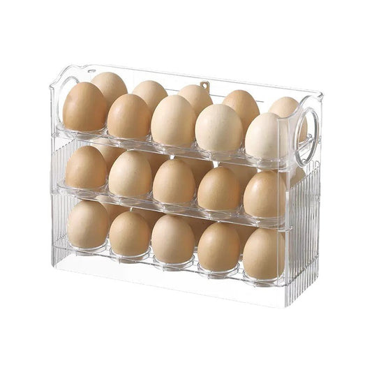 Suport Organizator pentru Oua, Cutie Depozitare pe Usa Frigiderului cu Rabatare Automata, 3 Straturi, Plastic Alimentar PTE, Capacitate 30 Oua, Transparent, 26 x 20 x 10 cm