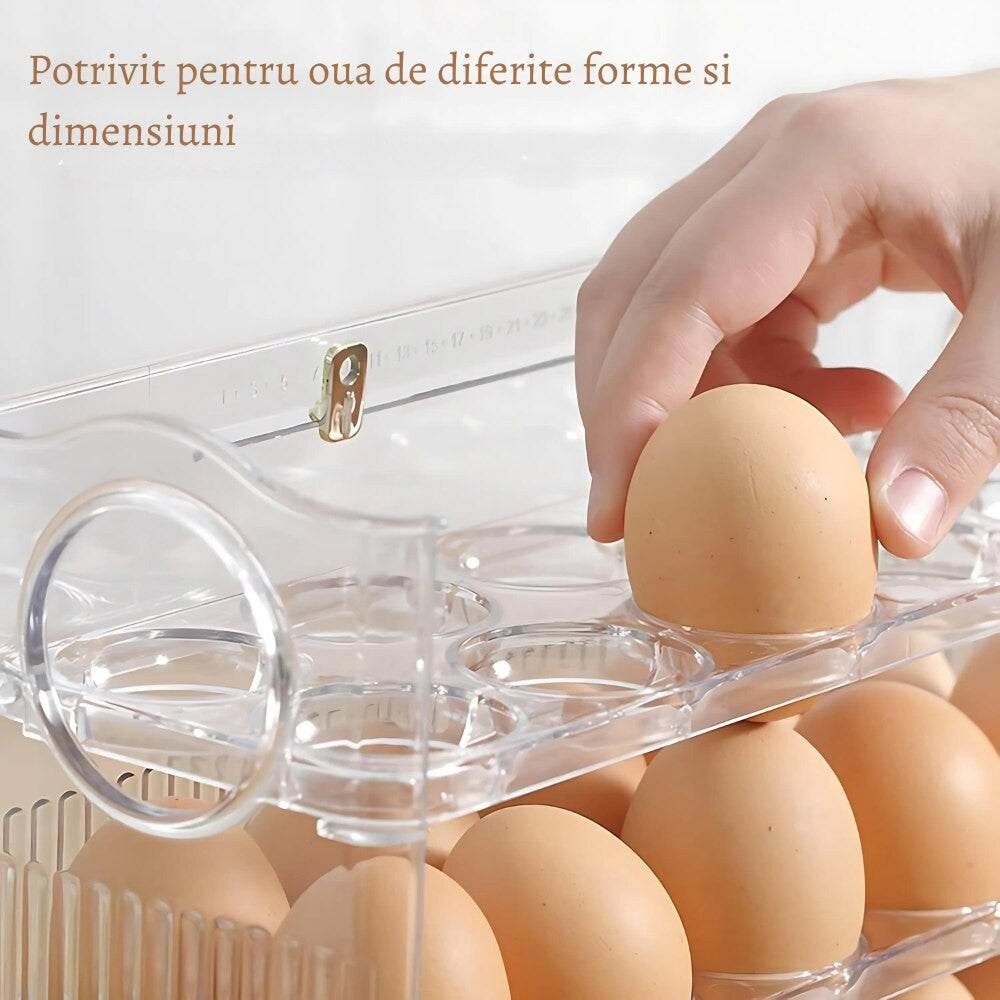 Suport Organizator pentru Oua, Cutie Depozitare pe Usa Frigiderului cu Rabatare Automata, 3 Straturi, Plastic Alimentar PTE, Capacitate 30 Oua, Transparent, 26 x 20 x 10 cm