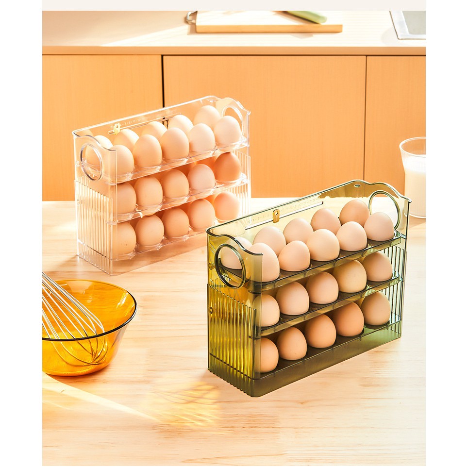 Suport Organizator pentru Oua, Cutie Depozitare pe Usa Frigiderului cu Rabatare Automata, 3 Straturi, Plastic Alimentar PTE, Capacitate 30 Oua, Transparent, 26 x 20 x 10 cm