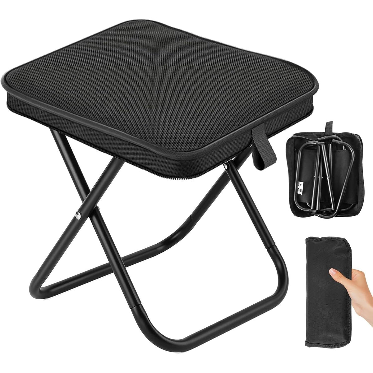 Scaun Pliabil Portabil pentru Camping si Pescuit, Cadru Metalic si Panza Oxford, Adulti, 24 x 24 x 28 cm, Negru