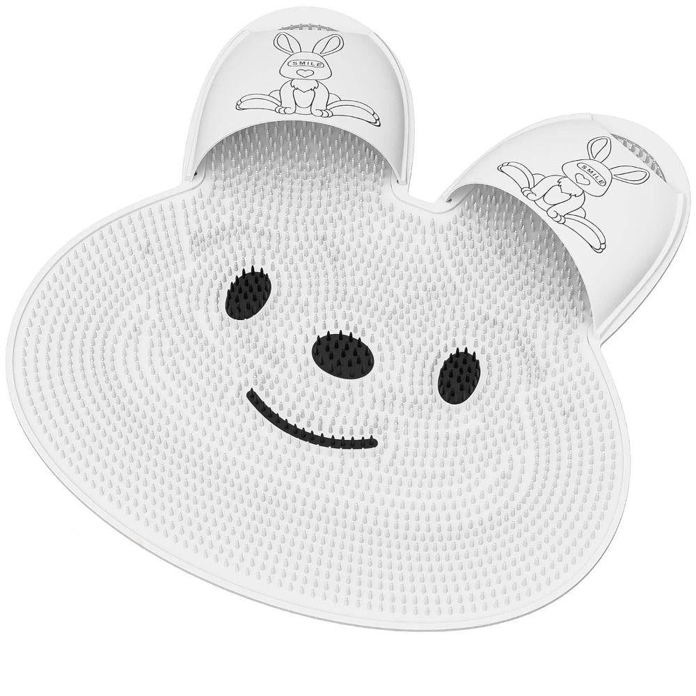 Covoras de Baie pentru Masaj si Spalat Picioare, Ventuze Antiderapante si Exfoliere, TPE Elastic, Model Iepuras, 45 x 45 cm, Alb