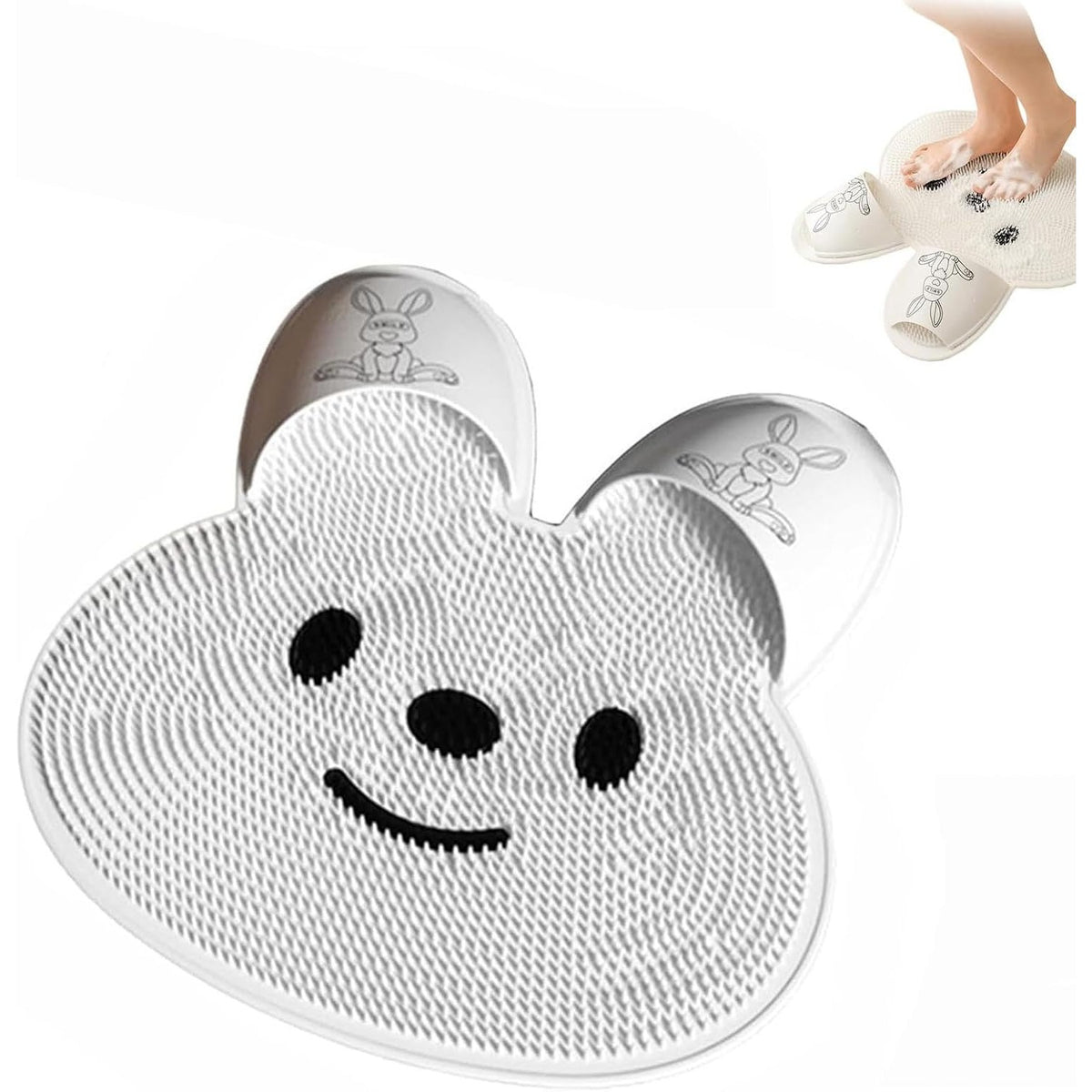 Covoras de Baie pentru Masaj si Spalat Picioare, Ventuze Antiderapante si Exfoliere, TPE Elastic, Model Iepuras, 45 x 45 cm, Alb