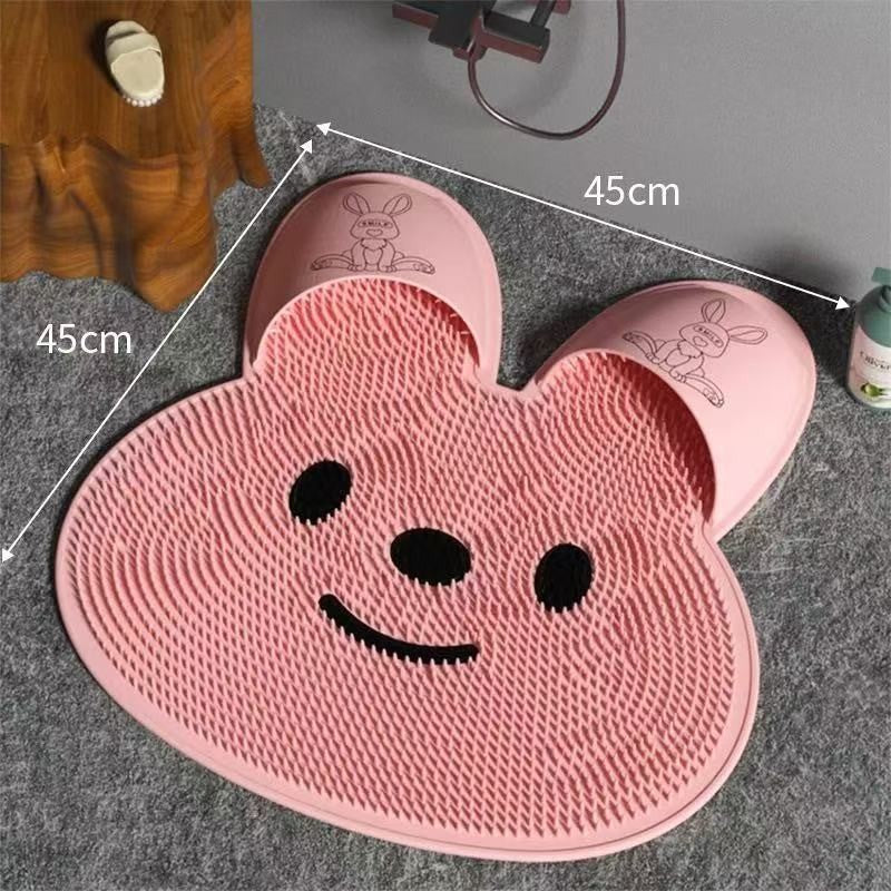 Covoras de Baie pentru Masaj si Spalare Picioare, Ventuze Antiderapante, Exfoliere si Relaxare, Material TPE, Model Iepuras, 45 x 45 cm, Roz
