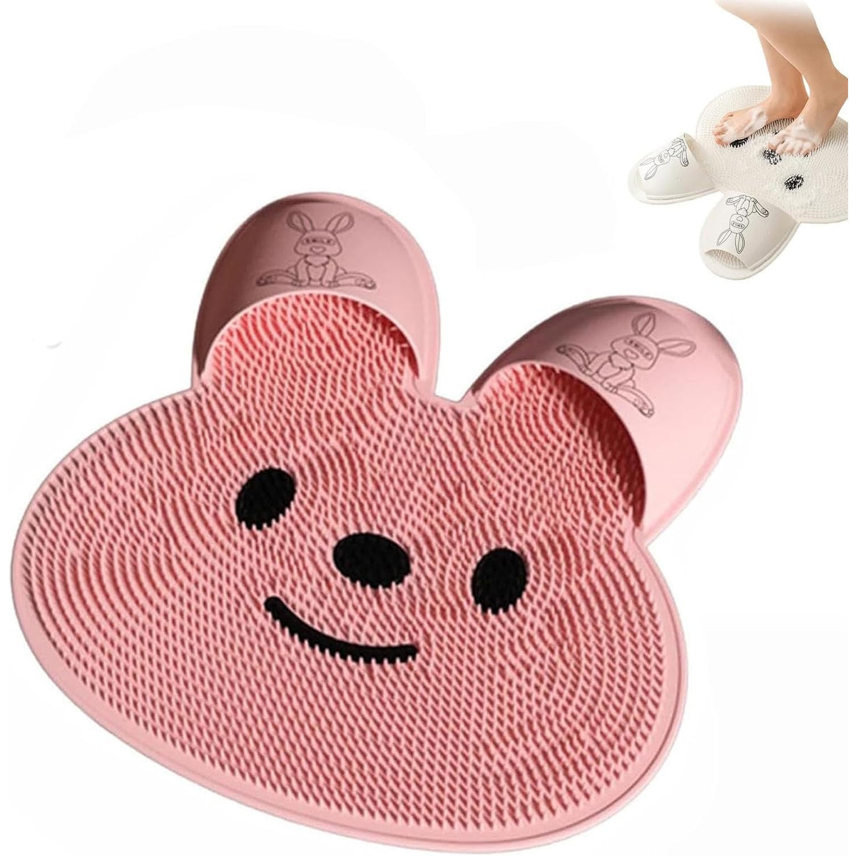Covoras de Baie pentru Masaj si Spalare Picioare, Ventuze Antiderapante, Exfoliere si Relaxare, Material TPE, Model Iepuras, 45 x 45 cm, Roz