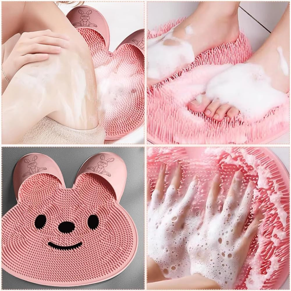 Covoras de Baie pentru Masaj si Spalare Picioare, Ventuze Antiderapante, Exfoliere si Relaxare, Material TPE, Model Iepuras, 45 x 45 cm, Roz