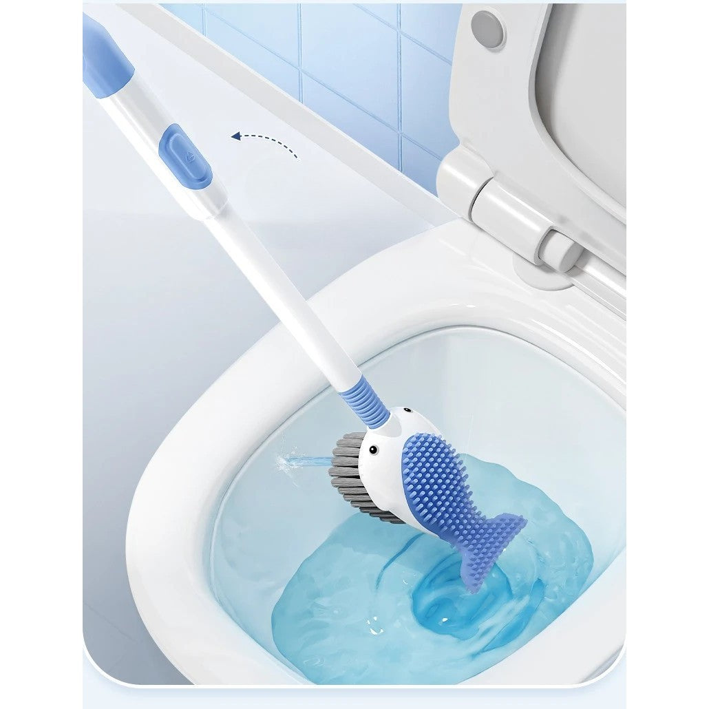 Perie de Toaleta cu Suport de Perete, Rezervor Detergent si Pulverizator, 2 Tipuri de Peri TPR si PET, Montare Fara Gaurire, Model Balena, Albastru