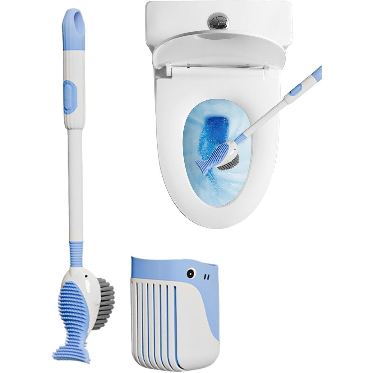 Perie de Toaleta cu Suport de Perete, Rezervor Detergent si Pulverizator, 2 Tipuri de Peri TPR si PET, Montare Fara Gaurire, Model Balena, Albastru