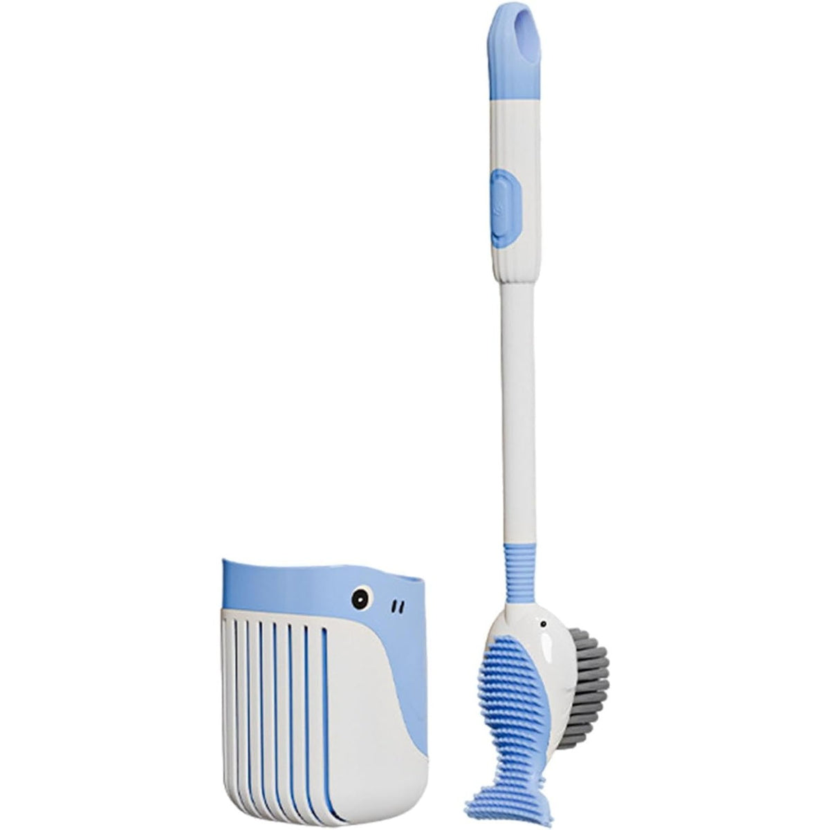 Perie de Toaleta cu Suport de Perete, Rezervor Detergent si Pulverizator, 2 Tipuri de Peri TPR si PET, Montare Fara Gaurire, Model Balena, Albastru