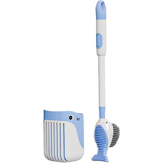 Perie de Toaleta cu Suport de Perete, Rezervor Detergent si Pulverizator, 2 Tipuri de Peri TPR si PET, Montare Fara Gaurire, Model Balena, Albastru