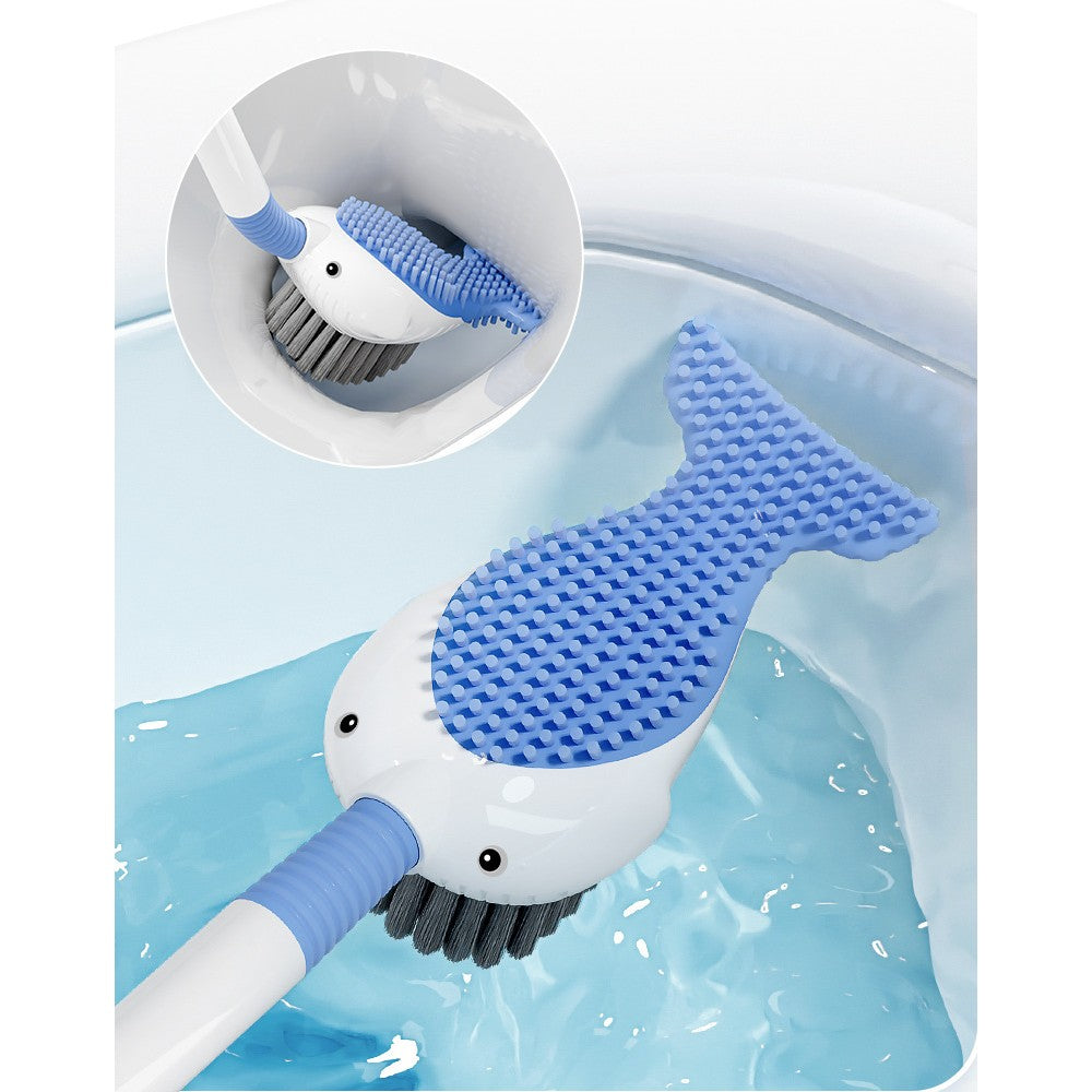 Perie de Toaleta cu Suport de Perete, Rezervor Detergent si Pulverizator, 2 Tipuri de Peri TPR si PET, Montare Fara Gaurire, Model Balena, Albastru