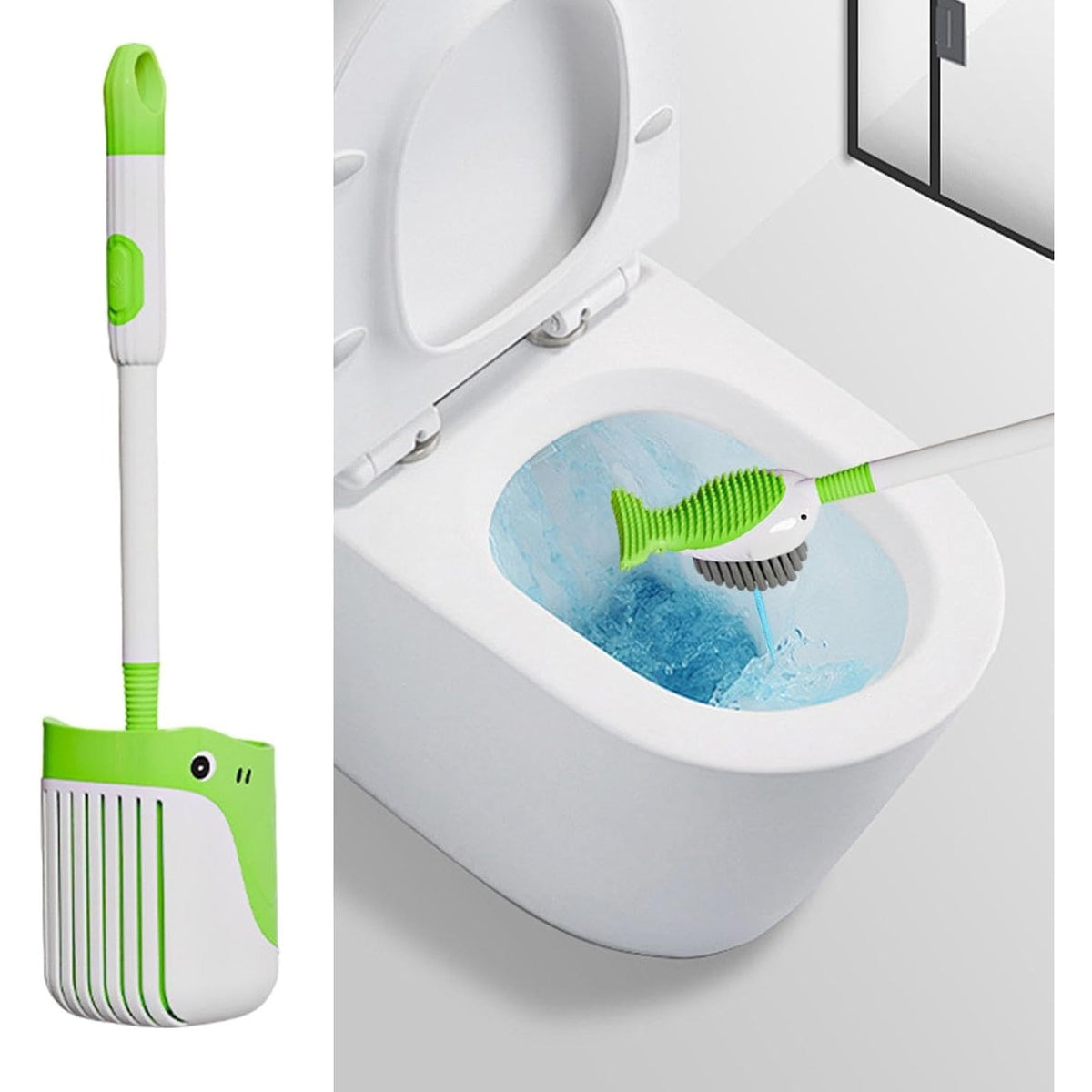 Perie de Toaleta cu Rezervor Detergent, Suport de Perete fara Gaurire, 2 Tipuri de Perii TPR si PET, Model Balena, Verde, 41 cm