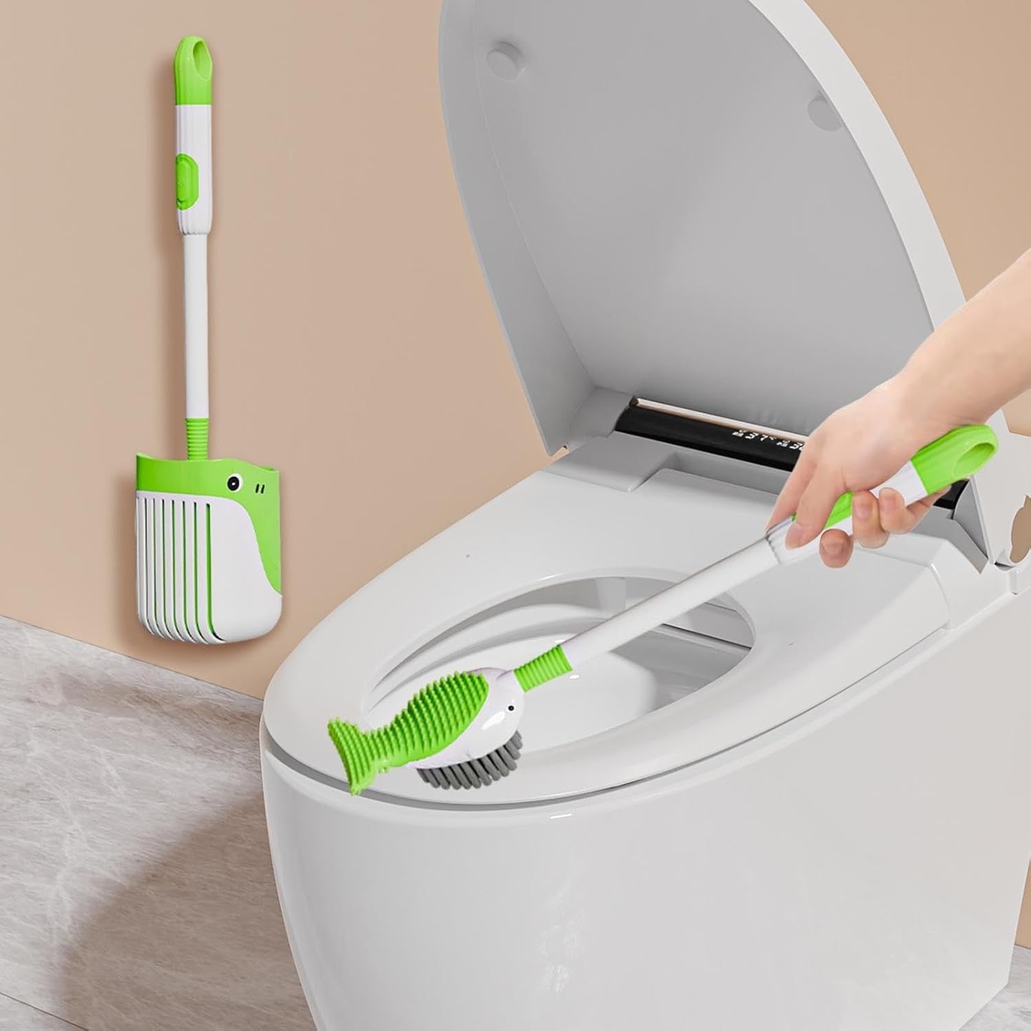 Perie de Toaleta cu Rezervor Detergent, Suport de Perete fara Gaurire, 2 Tipuri de Perii TPR si PET, Model Balena, Verde, 41 cm
