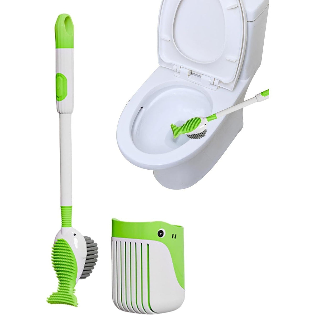 Perie de Toaleta cu Rezervor Detergent, Suport de Perete fara Gaurire, 2 Tipuri de Perii TPR si PET, Model Balena, Verde, 41 cm