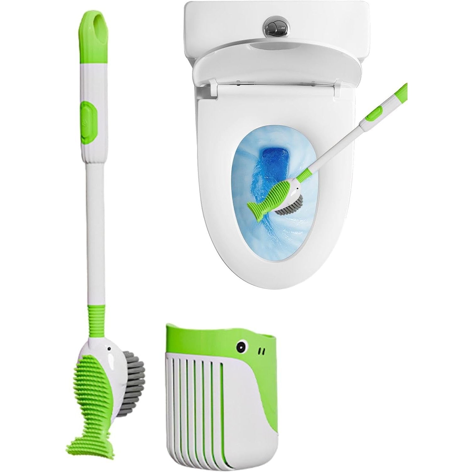 Perie de Toaleta cu Rezervor Detergent, Suport de Perete fara Gaurire, 2 Tipuri de Perii TPR si PET, Model Balena, Verde, 41 cm