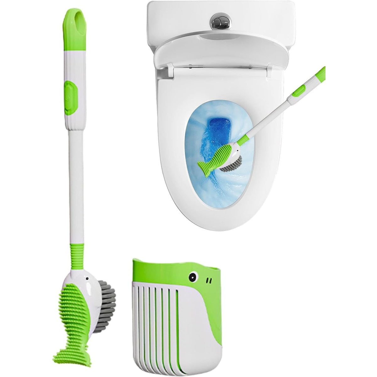 Perie de Toaleta cu Rezervor Detergent, Suport de Perete fara Gaurire, 2 Tipuri de Perii TPR si PET, Model Balena, Verde, 41 cm
