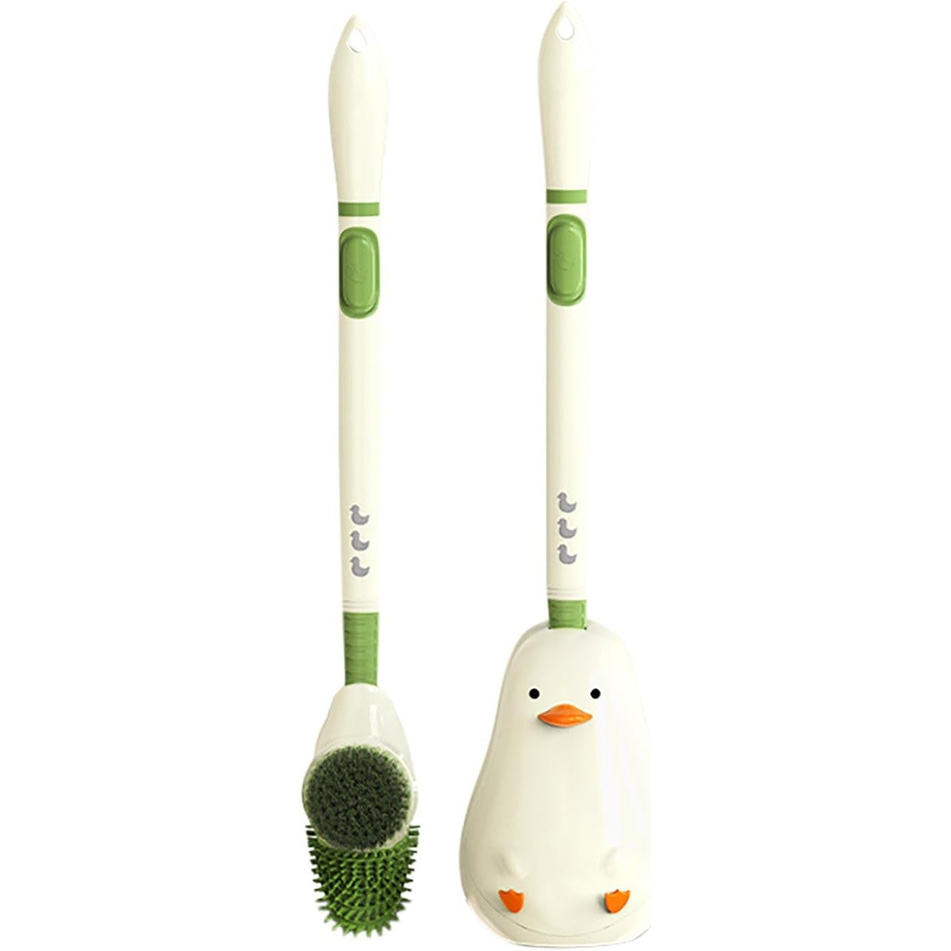 Perie de Toaleta cu Rezervor Detergent, Suport de Perete fara Gaurire, 2 Tipuri de Peri TPR si PET, Design Rata, Verde, 43 cm
