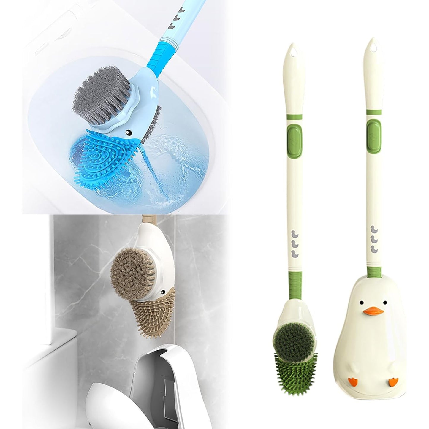 Perie de Toaleta cu Rezervor Detergent, Suport de Perete fara Gaurire, 2 Tipuri de Peri TPR si PET, Design Rata, Verde, 43 cm
