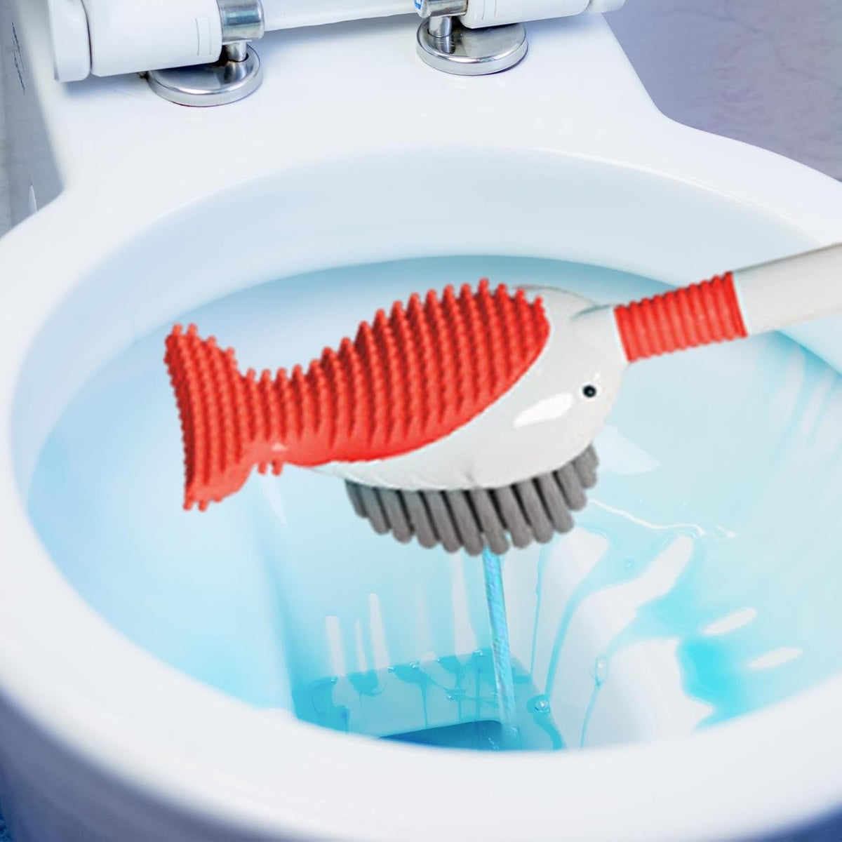 Perie de Toaleta cu Suport de Perete, Recipient Detergent si 2 Tipuri de Perii, Montare fara Gaurire, Model Balena, TPR si Silicon, Rosu