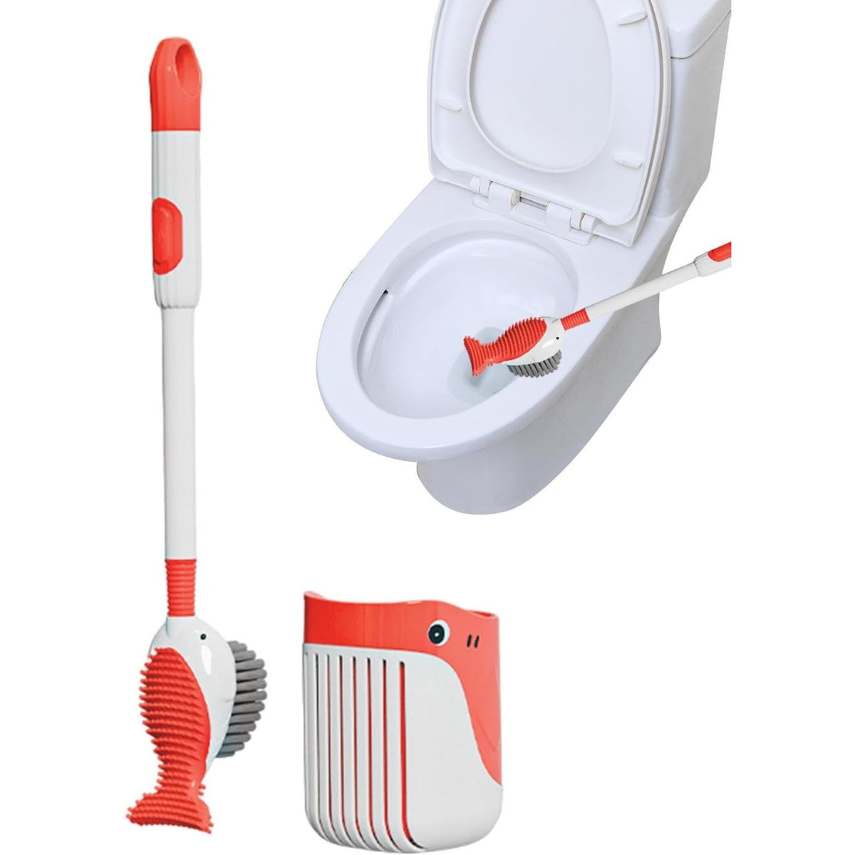 Perie de Toaleta cu Suport de Perete, Recipient Detergent si 2 Tipuri de Perii, Montare fara Gaurire, Model Balena, TPR si Silicon, Rosu
