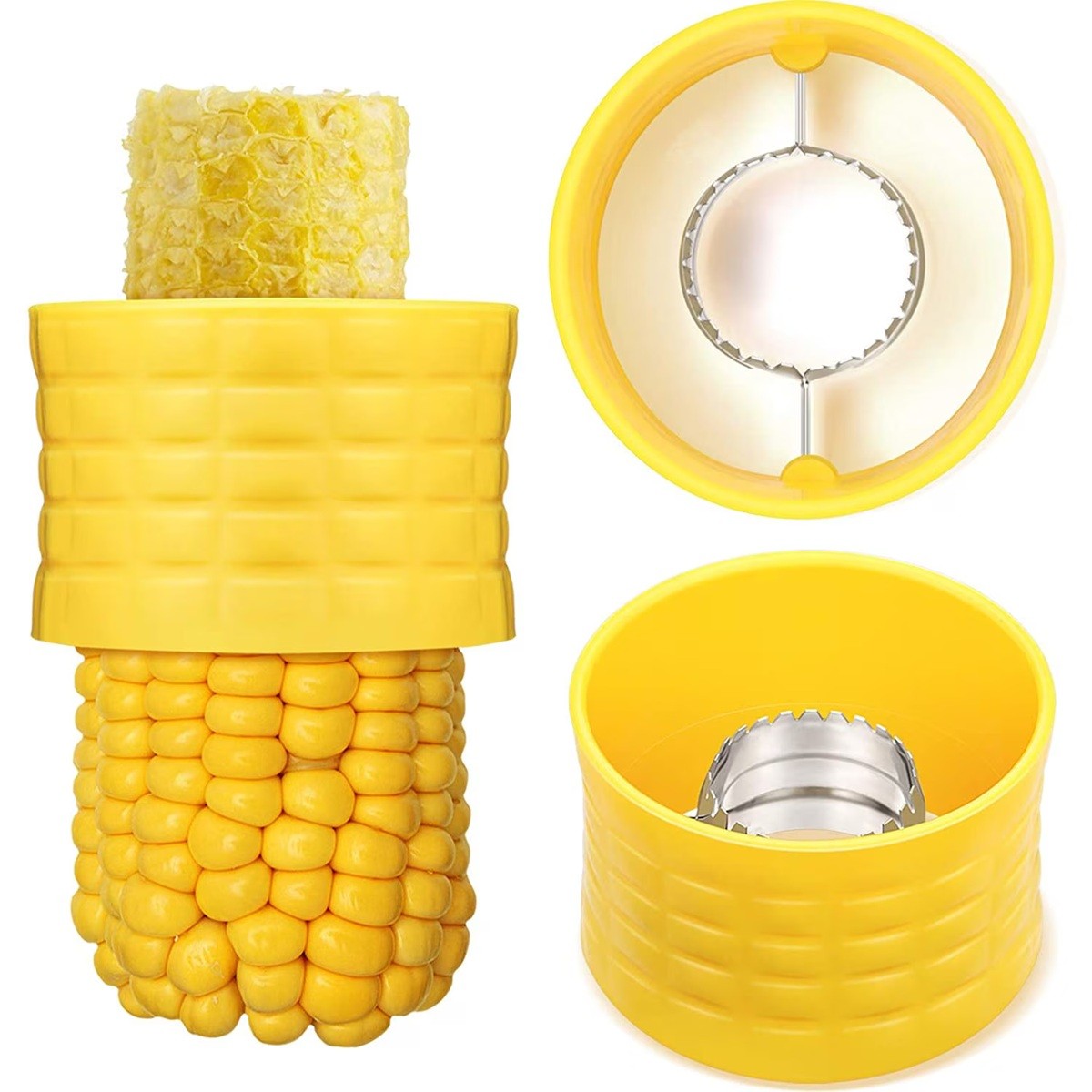 Ustensila pentru Curatare Porumb, Separator Boabe cu Sistem Rotativ, Otel Inoxidabil si Plastic ABS, Diametru 3.6 cm, Galben