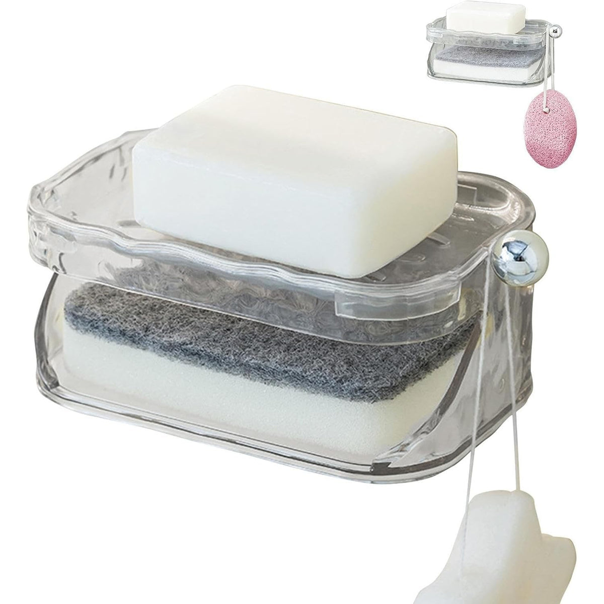 Savoniera Dubla, Suport Sapun cu 2 Straturi si Agatatoare Burete, Montare Fara Gaurire, Material PET, 13.5 x 8.5 x 6 cm, Transparent