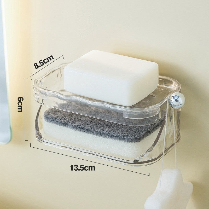 Savoniera Dubla, Suport Sapun cu 2 Straturi si Agatatoare Burete, Montare Fara Gaurire, Material PET, 13.5 x 8.5 x 6 cm, Transparent