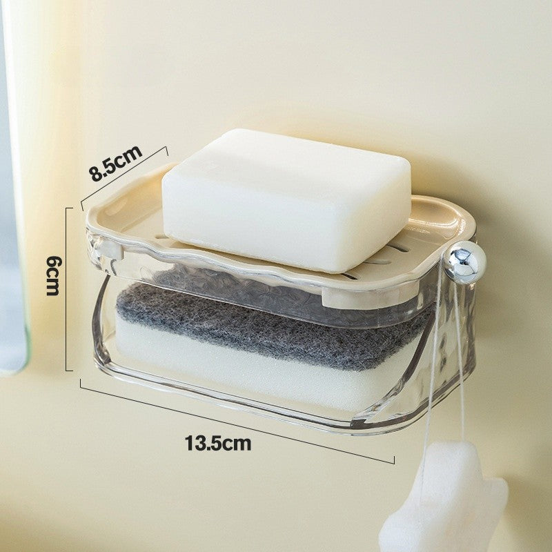 Savonieră Dublă Pentru Baie, Montare Fără Găurire Cu Adeziv, Suport 2 Niveluri Cu Scurgere Și Agățătoare Burete, Material PET, 13.5 x 8.5 x 6 cm, Bej