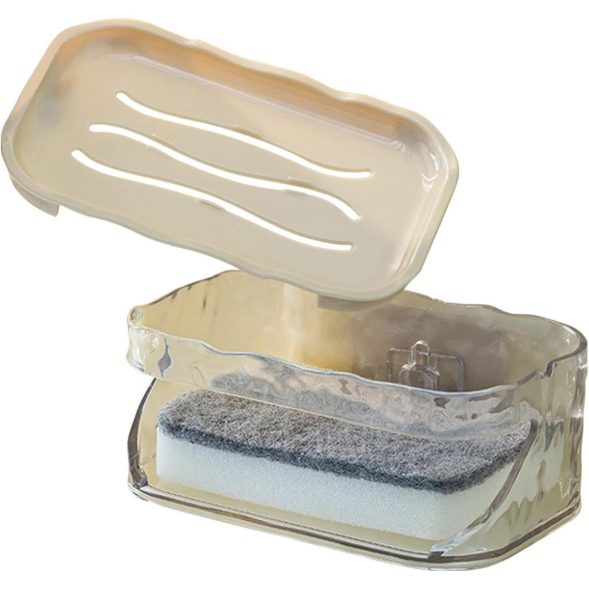 Savonieră Dublă Pentru Baie, Montare Fără Găurire Cu Adeziv, Suport 2 Niveluri Cu Scurgere Și Agățătoare Burete, Material PET, 13.5 x 8.5 x 6 cm, Bej