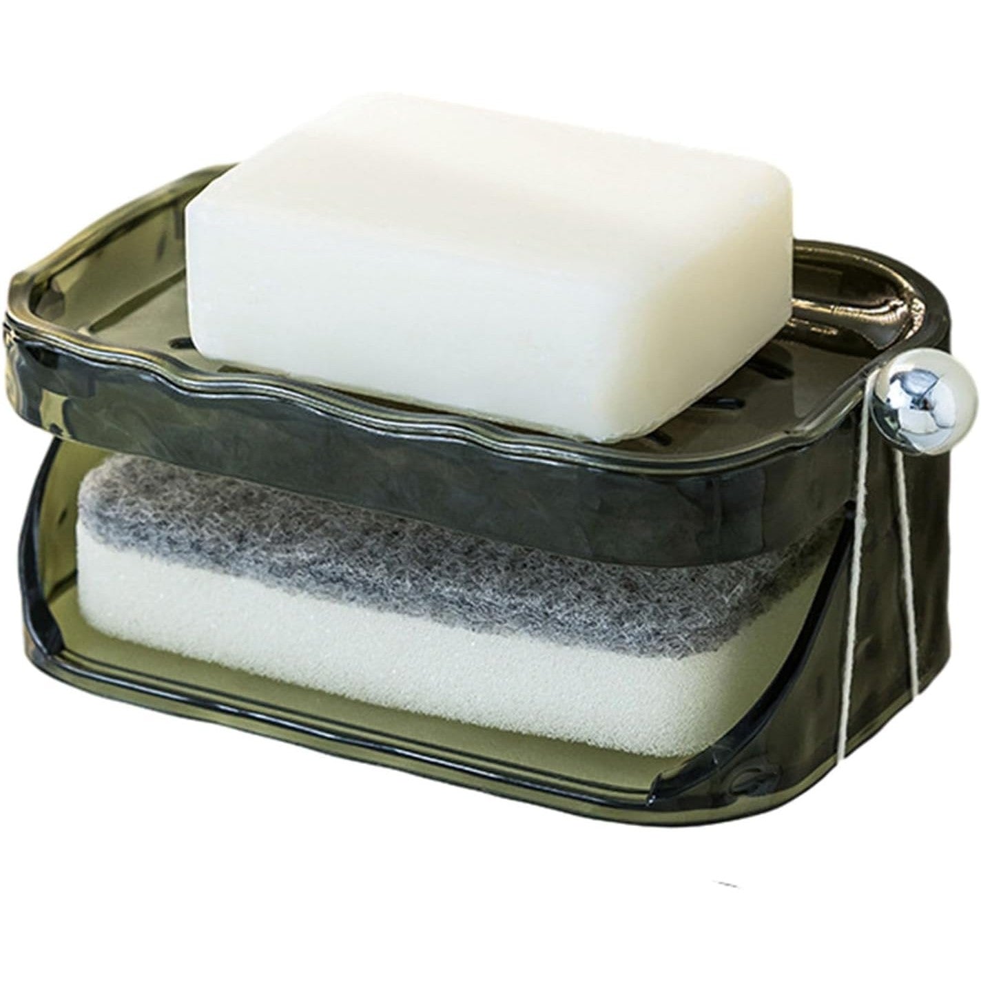 Savonieră Dublă Pentru Baie, Suport Săpun Cu 2 Straturi Și Agățătoare Burete, Montare Fără Găurire, Material PET, 13.5 x 8.5 x 6 cm, Verde Închis