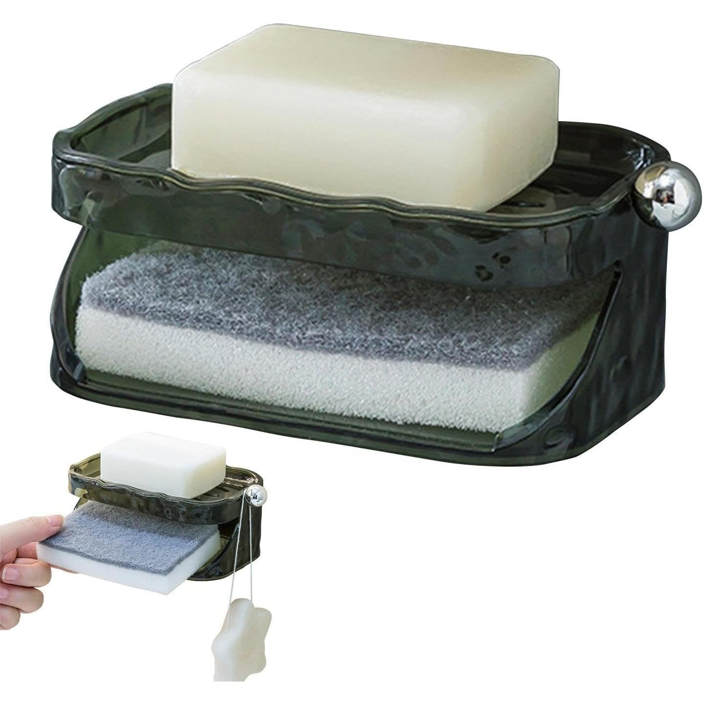 Savonieră Dublă Pentru Baie, Suport Săpun Cu 2 Straturi Și Agățătoare Burete, Montare Fără Găurire, Material PET, 13.5 x 8.5 x 6 cm, Verde Închis