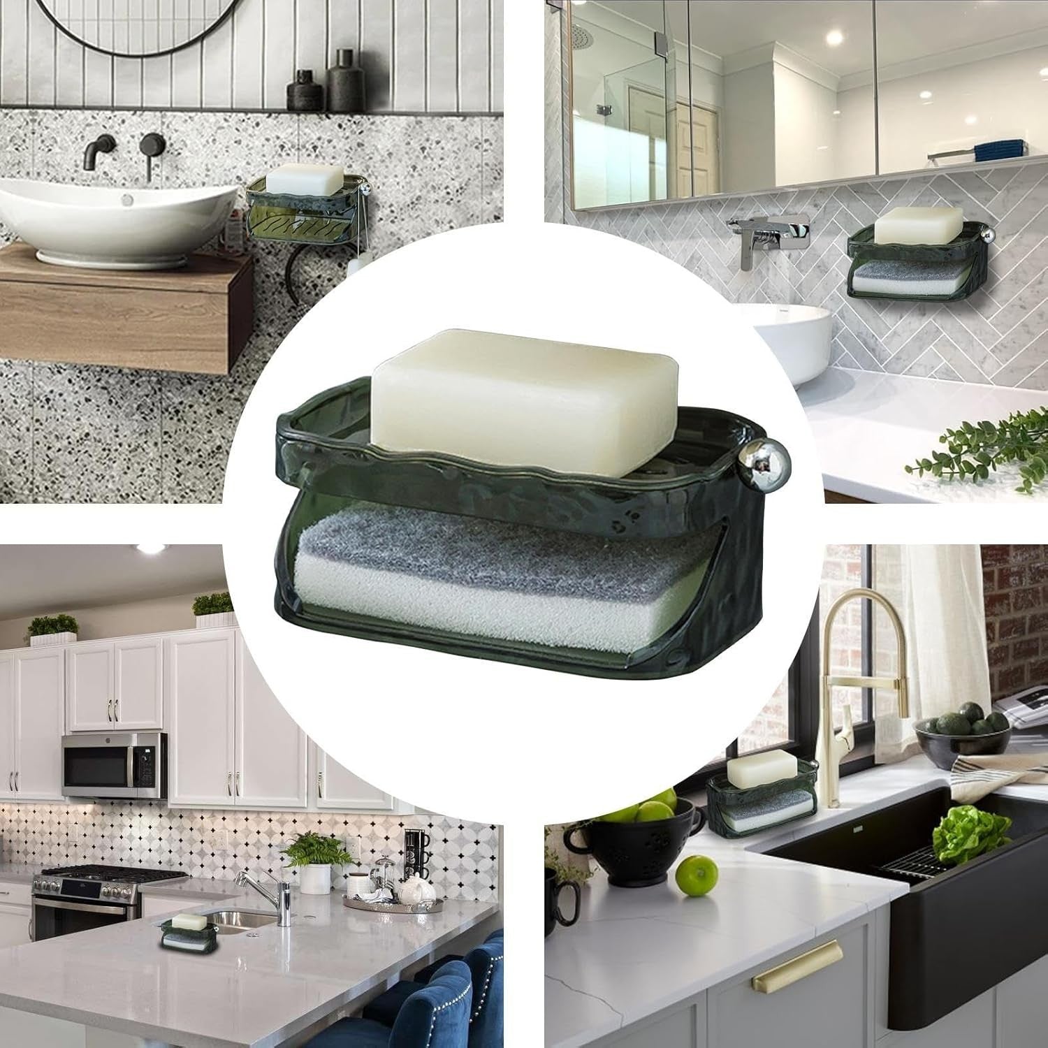 Savonieră Dublă Pentru Baie, Suport Săpun Cu 2 Straturi Și Agățătoare Burete, Montare Fără Găurire, Material PET, 13.5 x 8.5 x 6 cm, Verde Închis