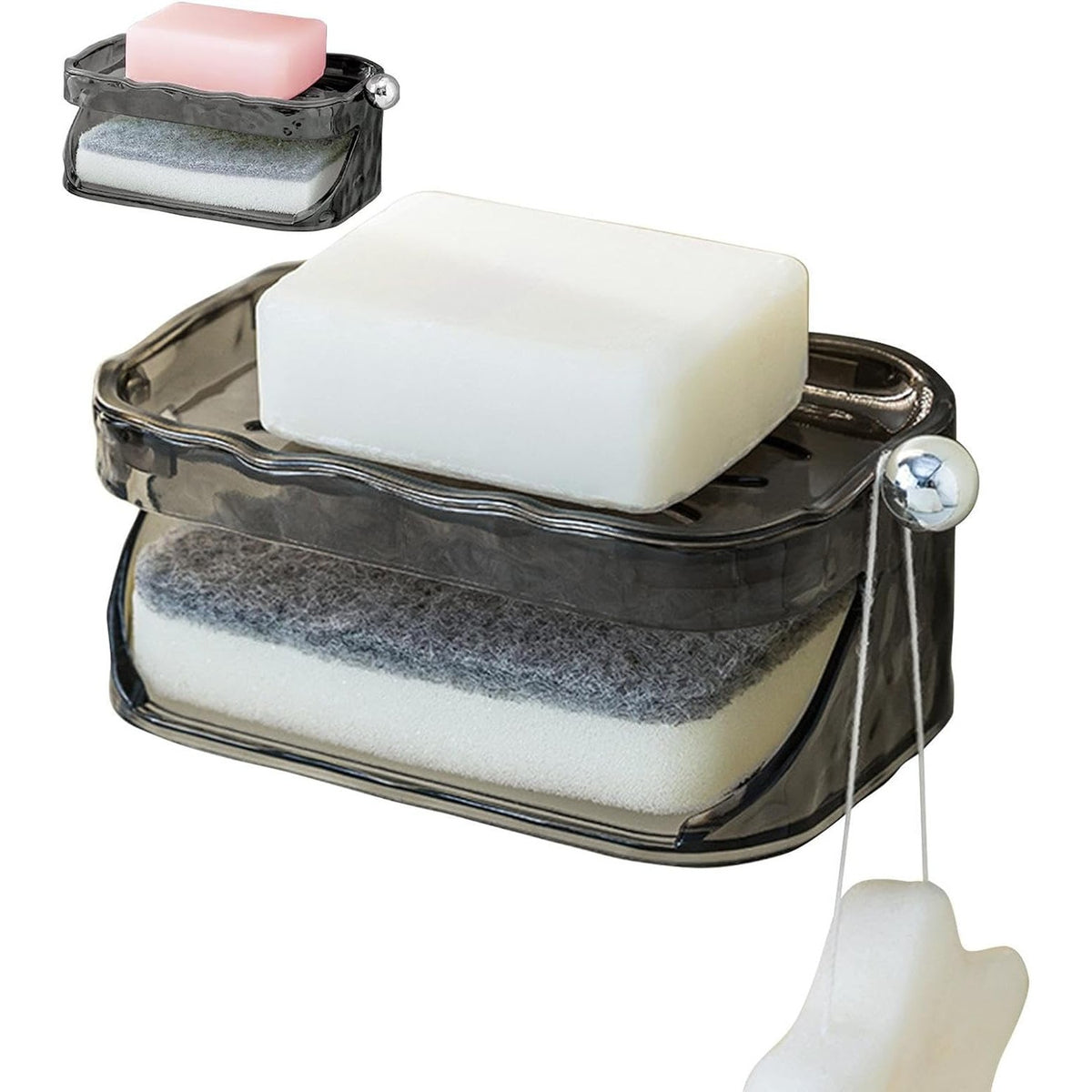 Săpunieră Dublă Pentru Baie, Montare Fără Găurire Cu Adeziv, 2 Straturi Cu Scurgere Și Agățătoare Burete, Material PET, 13.5 x 8.5 x 6 cm, Gri