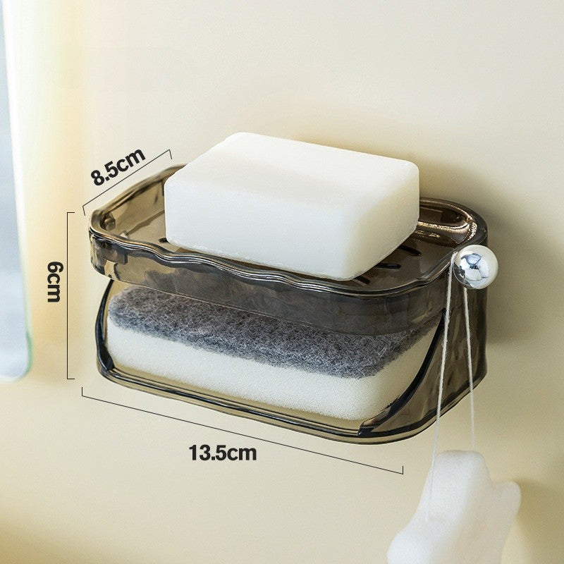 Săpunieră Dublă Pentru Baie, Montare Fără Găurire Cu Adeziv, 2 Straturi Cu Scurgere Și Agățătoare Burete, Material PET, 13.5 x 8.5 x 6 cm, Gri