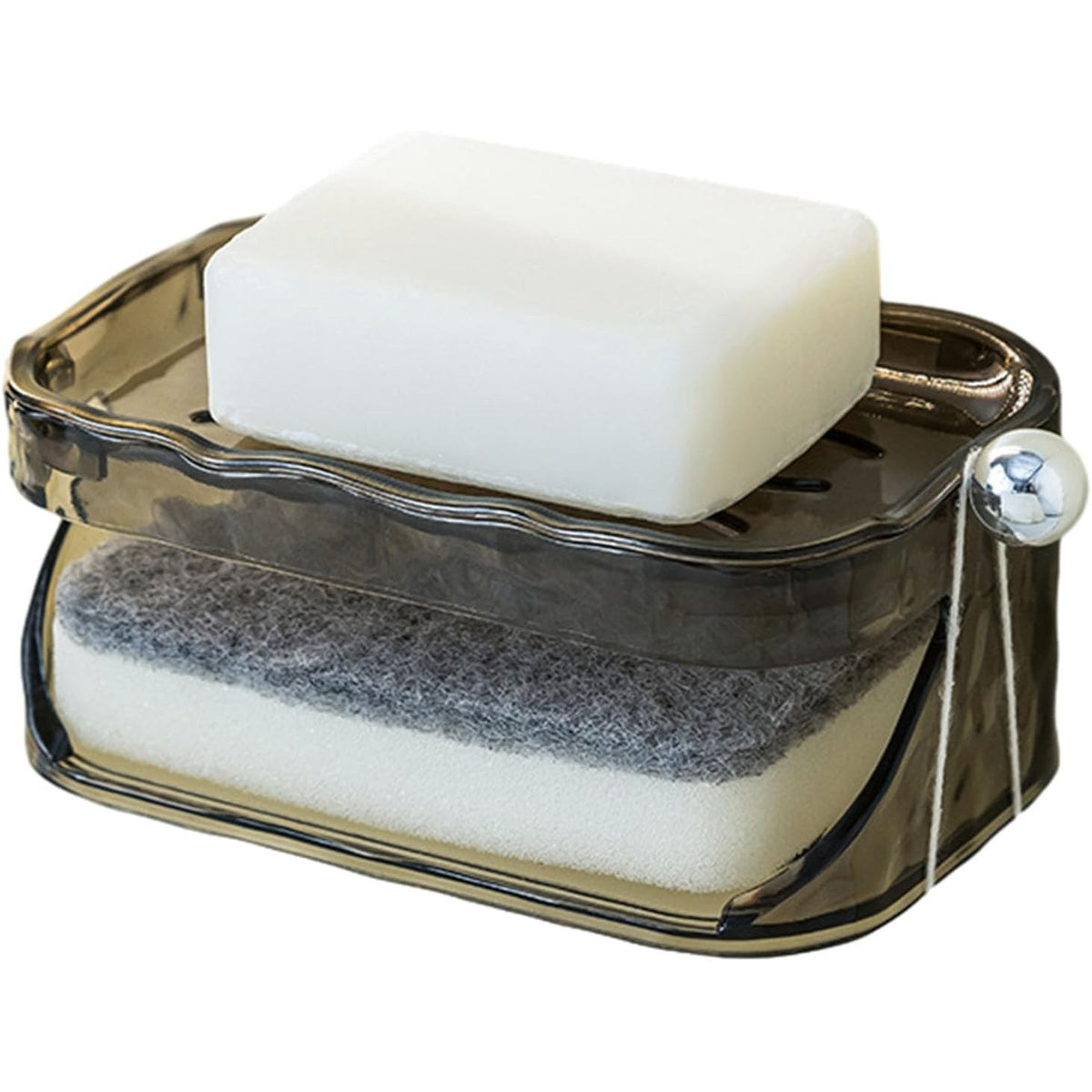 Săpunieră Dublă Pentru Baie, Montare Fără Găurire Cu Adeziv, 2 Straturi Cu Scurgere Și Agățătoare Burete, Material PET, 13.5 x 8.5 x 6 cm, Gri
