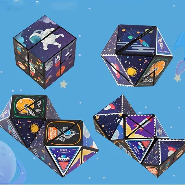 Cub Rubik 3D Transformabil, Jucarie Interactiva Magnetica Anti-stress, Puzzle Geometric, Plastic Non-toxic, Tema Spatiu Cosmic, Multicolor