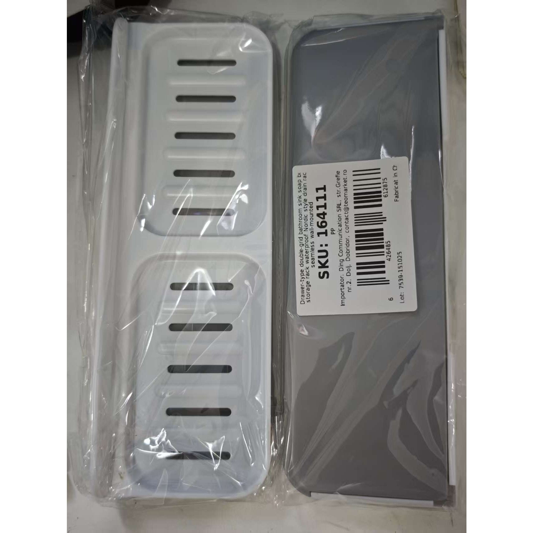 Savoniera Dubla de Perete cu Compartiment de Scurgere, Suport Sapun Tip Sertar, Montare Autoadeziva fara Gaurire, Material PP, 26 x 8 x 4 cm, Alb/Gri