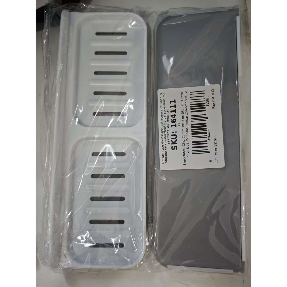 Savoniera Dubla de Perete cu Compartiment de Scurgere, Suport Sapun Tip Sertar, Montare Autoadeziva fara Gaurire, Material PP, 26 x 8 x 4 cm, Alb/Gri