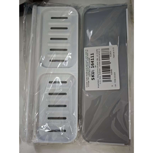 Savoniera Dubla de Perete cu Compartiment de Scurgere, Suport Sapun Tip Sertar, Montare Autoadeziva fara Gaurire, Material PP, 26 x 8 x 4 cm, Alb/Gri