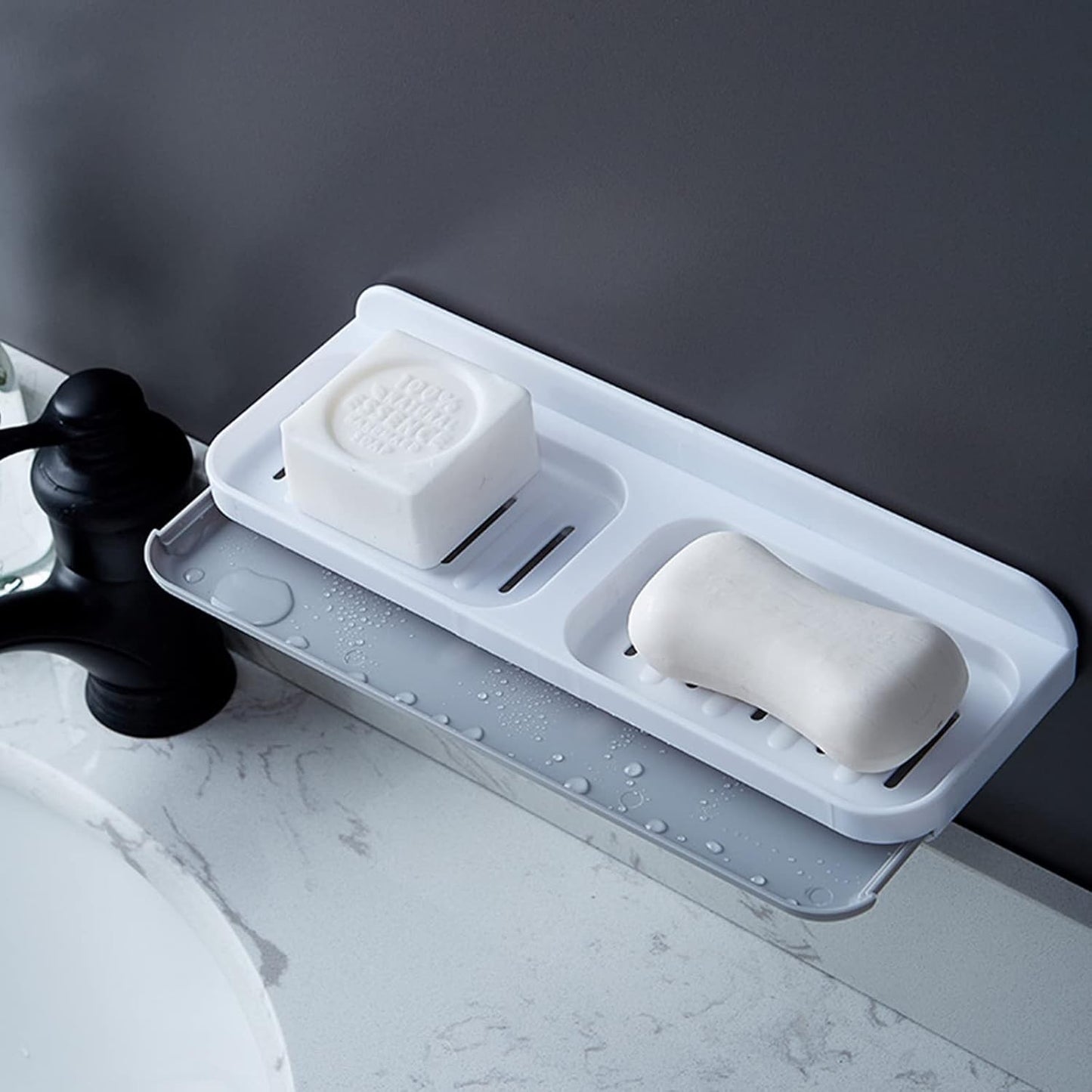 Savoniera Dubla de Perete cu Compartiment de Scurgere, Suport Sapun Tip Sertar, Montare Autoadeziva fara Gaurire, Material PP, 26 x 8 x 4 cm, Alb/Gri