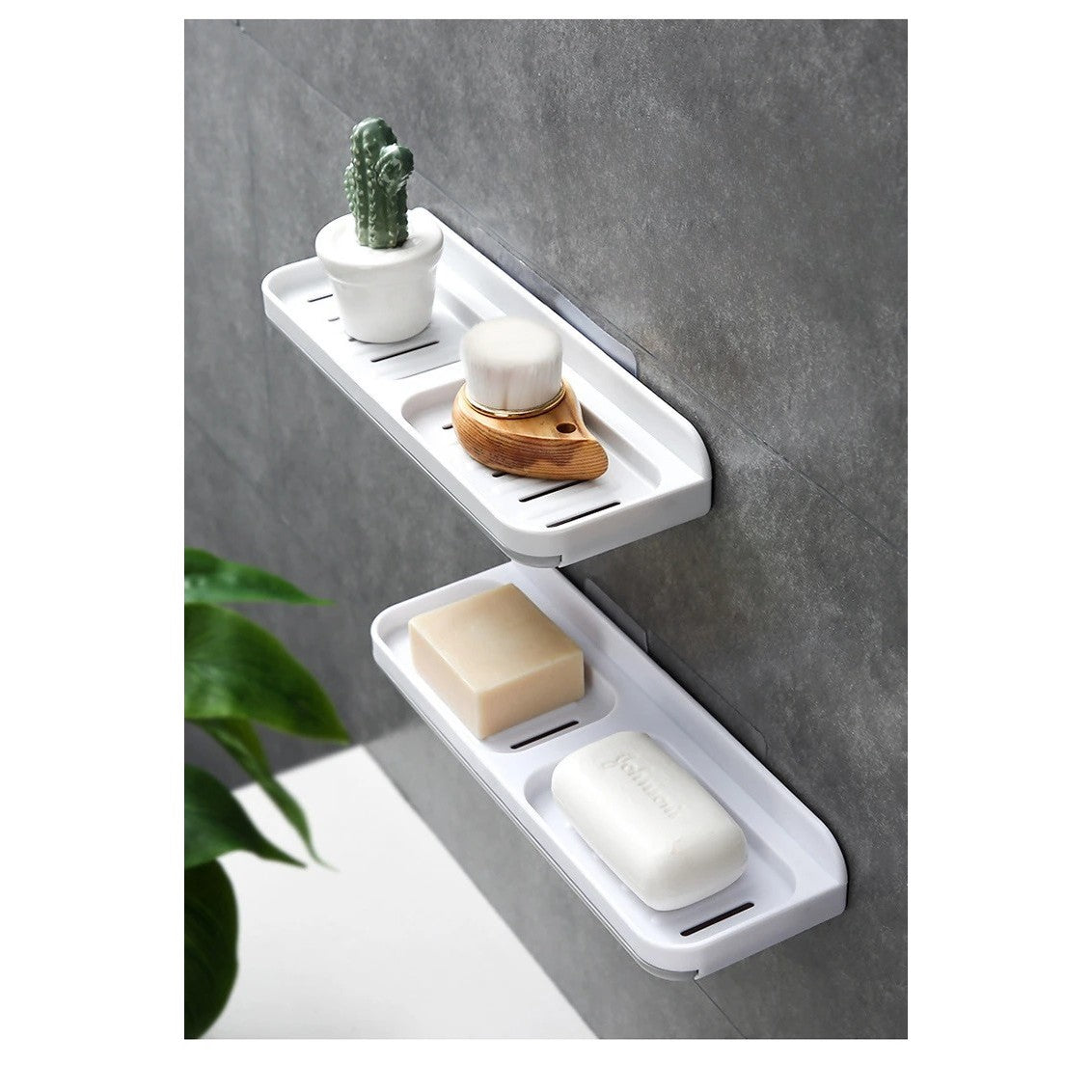 Savoniera Dubla de Perete cu Compartiment de Scurgere, Suport Sapun Tip Sertar, Montare Autoadeziva fara Gaurire, Material PP, 26 x 8 x 4 cm, Alb/Gri