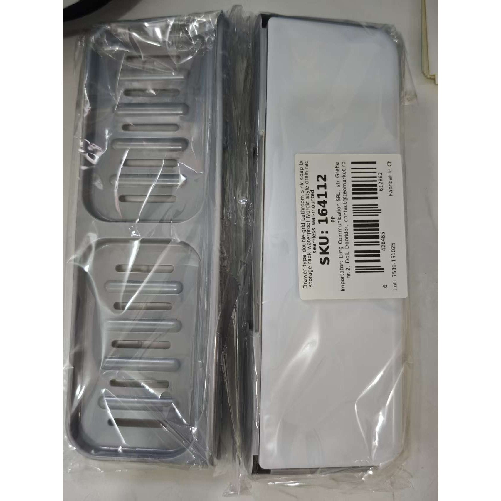 Savoniera Dubla de Perete, Suport Sapun cu Compartiment de Scurgere Tip Sertar, Montare prin Lipire Fara Gaurire, Material PP, 26 x 8 x 4 cm, Gri/Alb
