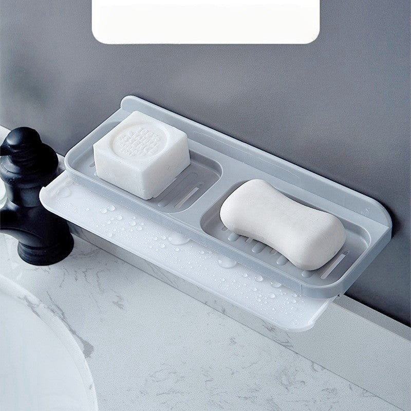 Savoniera Dubla de Perete, Suport Sapun cu Compartiment de Scurgere Tip Sertar, Montare prin Lipire Fara Gaurire, Material PP, 26 x 8 x 4 cm, Gri/Alb