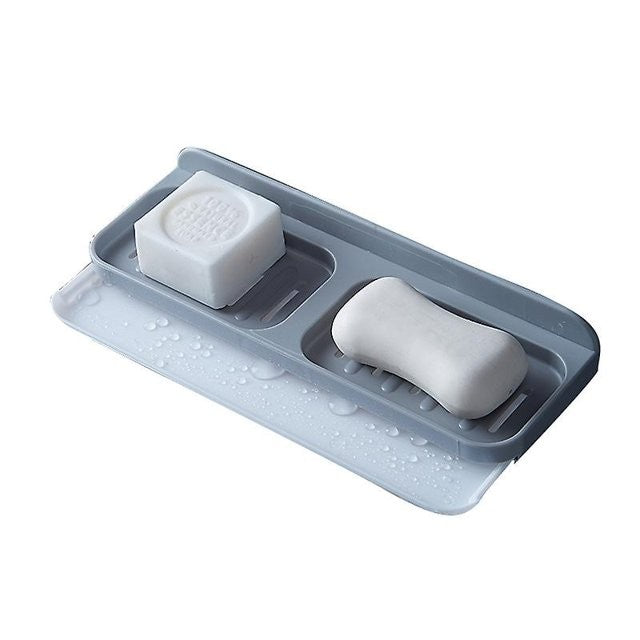 Savoniera Dubla de Perete, Suport Sapun cu Compartiment de Scurgere Tip Sertar, Montare prin Lipire Fara Gaurire, Material PP, 26 x 8 x 4 cm, Gri/Alb