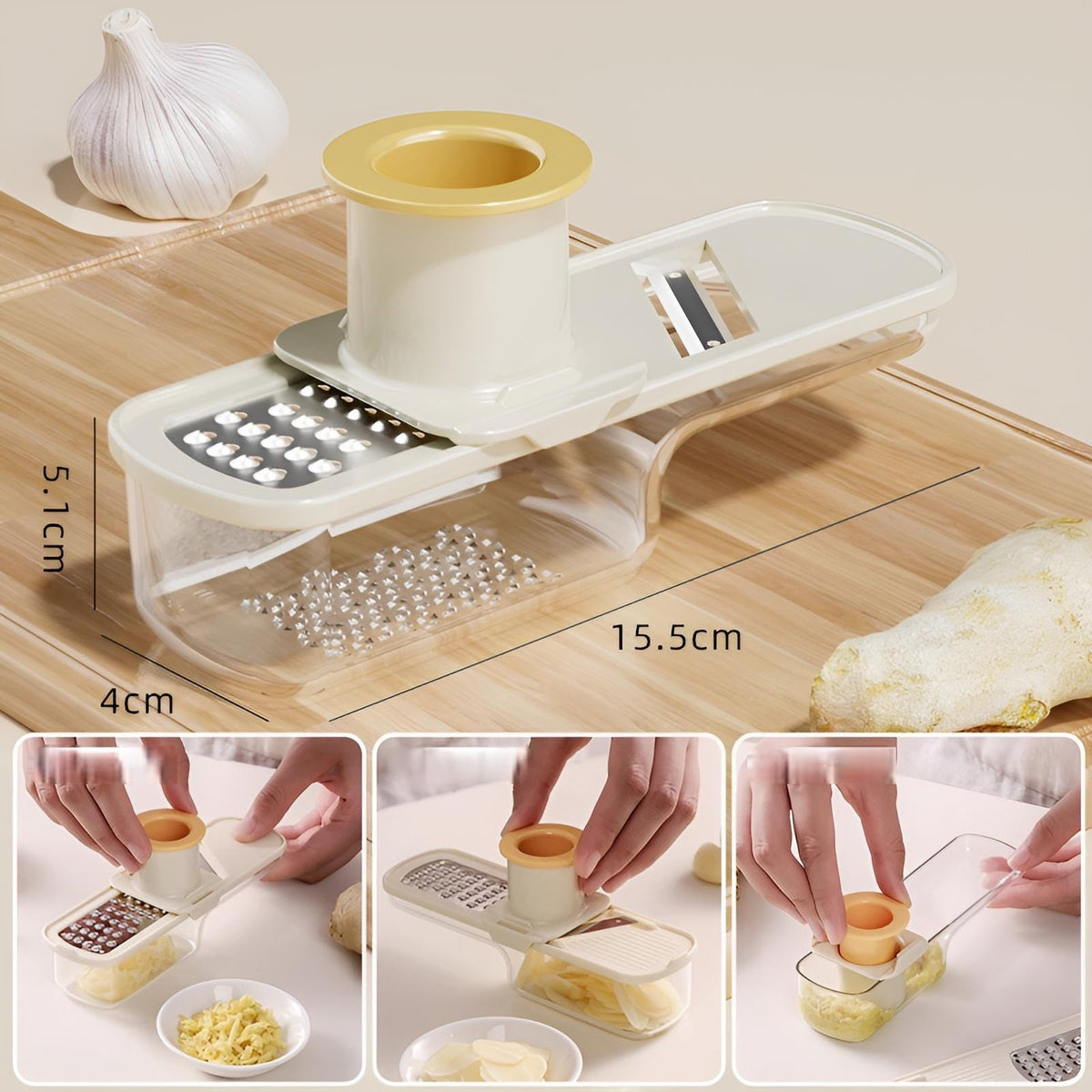 Răzătoare Manuală Multifuncțională 3 în 1 pentru Legume și Usturoi, Mandolină cu Recipient Stocare și Protecție Mâini, Oțel Inoxidabil și Plastic, 15.5 cm, Alb