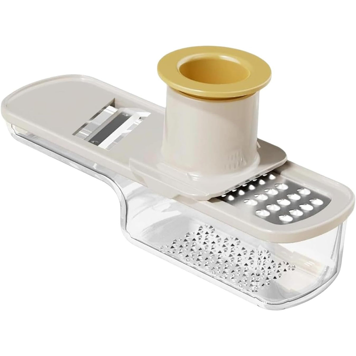 Răzătoare Manuală Multifuncțională 3 în 1 pentru Legume și Usturoi, Mandolină cu Recipient Stocare și Protecție Mâini, Oțel Inoxidabil și Plastic, 15.5 cm, Alb