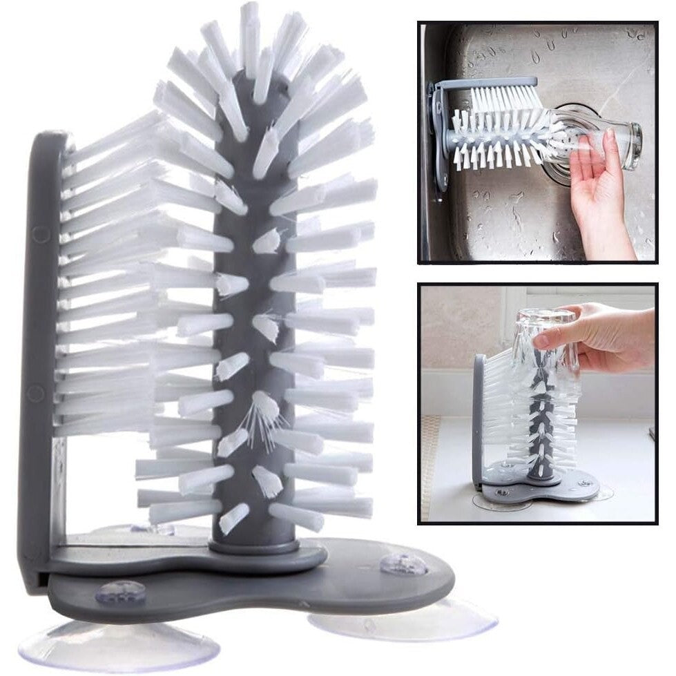 Perie Curatat Pahare si Sticle, Sistem Dublu 2 in 1 cu Curatare 360 Grade, Plastic PP si PVC cu Ventuza de Fixare, 17.5 x 14 cm, Gri
