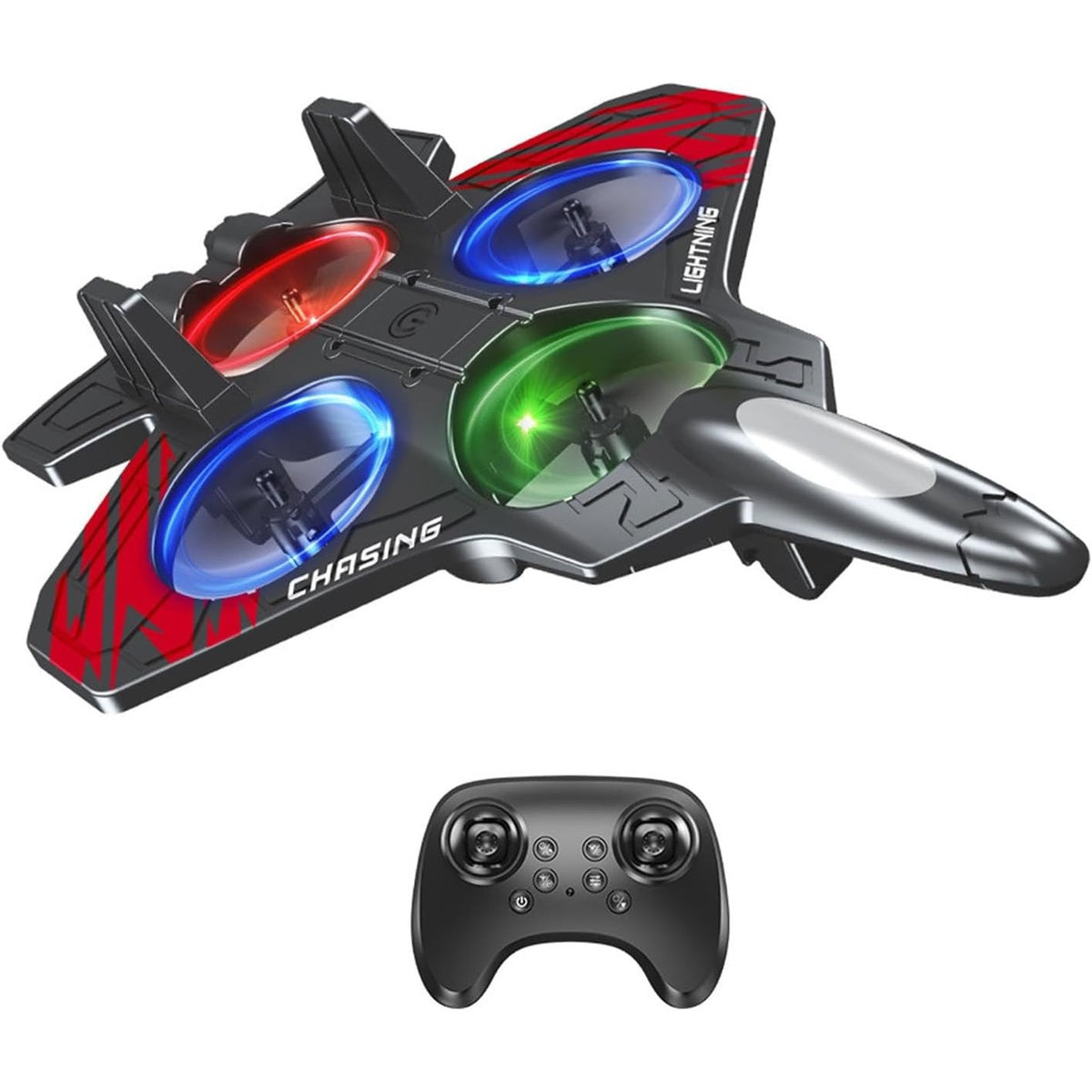 Avion de Lupta cu Telecomanda Tip Drona, Rotire 360 Grade si Lumini LED, Spuma EVA Rezistenta la Impact, Control 2.4 GHz, Raza 120 m, Incarcare USB, 25.5 x 18 x 5.2 cm, Negru-Rosu