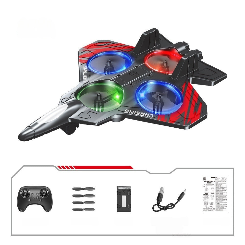 Avion de Lupta cu Telecomanda Tip Drona, Rotire 360 Grade si Lumini LED, Spuma EVA Rezistenta la Impact, Control 2.4 GHz, Raza 120 m, Incarcare USB, 25.5 x 18 x 5.2 cm, Negru-Rosu