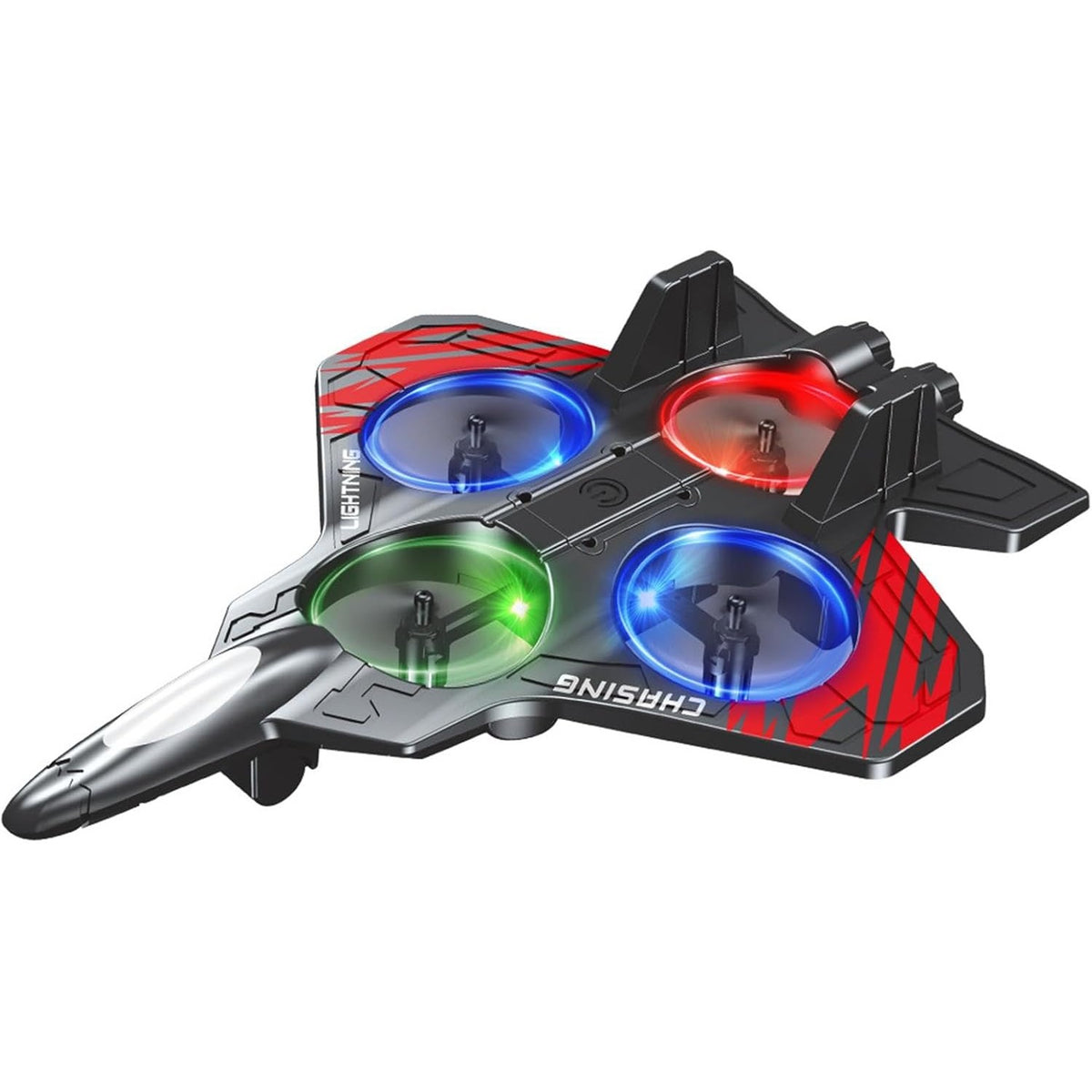 Avion de Lupta cu Telecomanda Tip Drona, Rotire 360 Grade si Lumini LED, Spuma EVA Rezistenta la Impact, Control 2.4 GHz, Raza 120 m, Incarcare USB, 25.5 x 18 x 5.2 cm, Negru-Rosu
